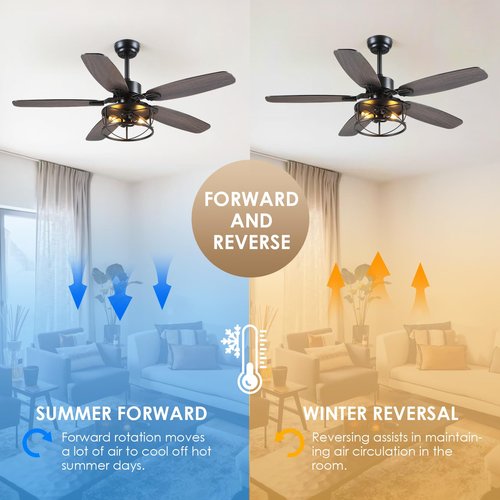 Dannilong Farmhouse Ceiling Fan with Light and Remote 52" Rustic Flush Mount Ceiling Fans 5 Dual Finish Blades Carnegie Industrial Fandelier for Living room Bedroom Patio E26