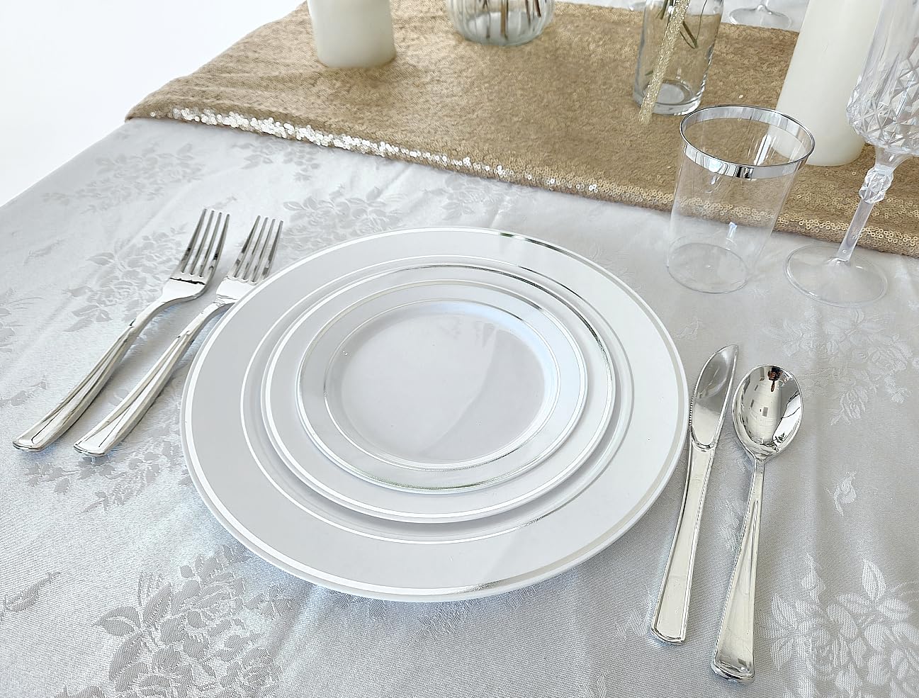 OCCASIONS 50pc Disposable Plastic Plates for 25 Guests - Heavy Duty Hard Fancy Plates Set, China-Like Look - 10.5" Dinner & 7.5" Salad/Dessert for Wedding Party, BPA Free (White & Silver Rim)