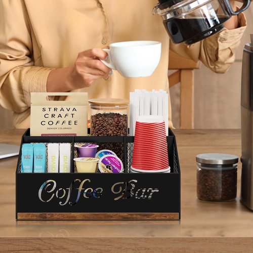 BCOZLUX Coffee Station Organizer, Rustic Brown Wooden Countertop Coffee Bar Accessories Organizer with Metal Mesh Compartments for Pods, Syrup, Cups, Stirrer, Tea