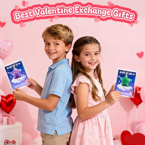 Kepmix Valentines Day Gifts for Kids Classroom: 24-Pack Valentines Day Cards with Rock Star Necklace for School Valentine Exchange, Party Favors with Gemstone Stars and Meaningful Cards