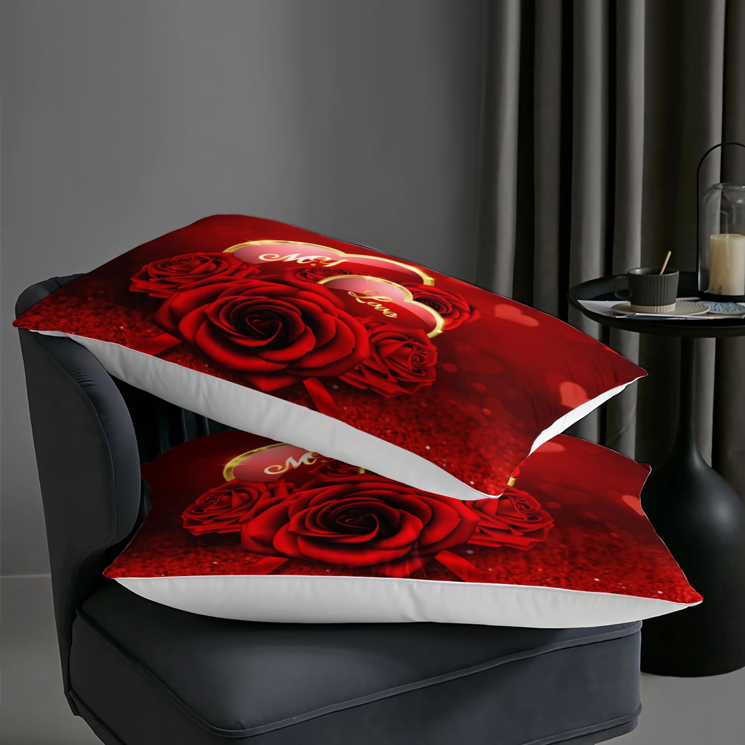 AILONEN Red Rose Comforter Set Queen Size,Romantic Hearts Couple Love Bedding Set,3D Rose Floral Bedding Queen Comforter Set Glitter Bed in a Bag 3 Pieces, 1 Quilt and 2 Pillowcases
