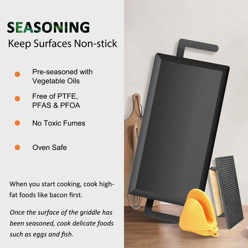Universal Large Carbon Steel Griddle for Outdoor Gas Grill, Induction, Gas/Electric Stove, and Oven, Double Burner Griddle Comes with Grill Press, Pre-seasoned Nitride Coating Process
