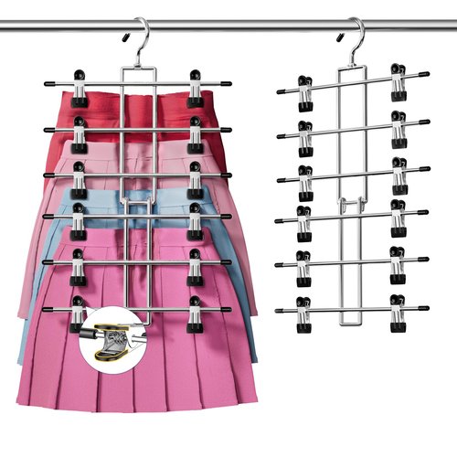 DAMITA Skirt Pants Hangers with Clips Space Saving Hanging Closet Organizer 6 Tiers Hanger with 360° Swivel Hook, Finger-Safe Design- College Dorm Room Apartment Essentials 1-Pack
