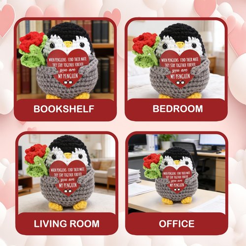 Easter Basket Stuffers,Positive Crochet Animals Penguin with Rose Flowers for Valentines Day Gifts,Easter Gifts for Women,Men,Mom,Wife, Girlfriend,Boyfriend, Husband,Teens