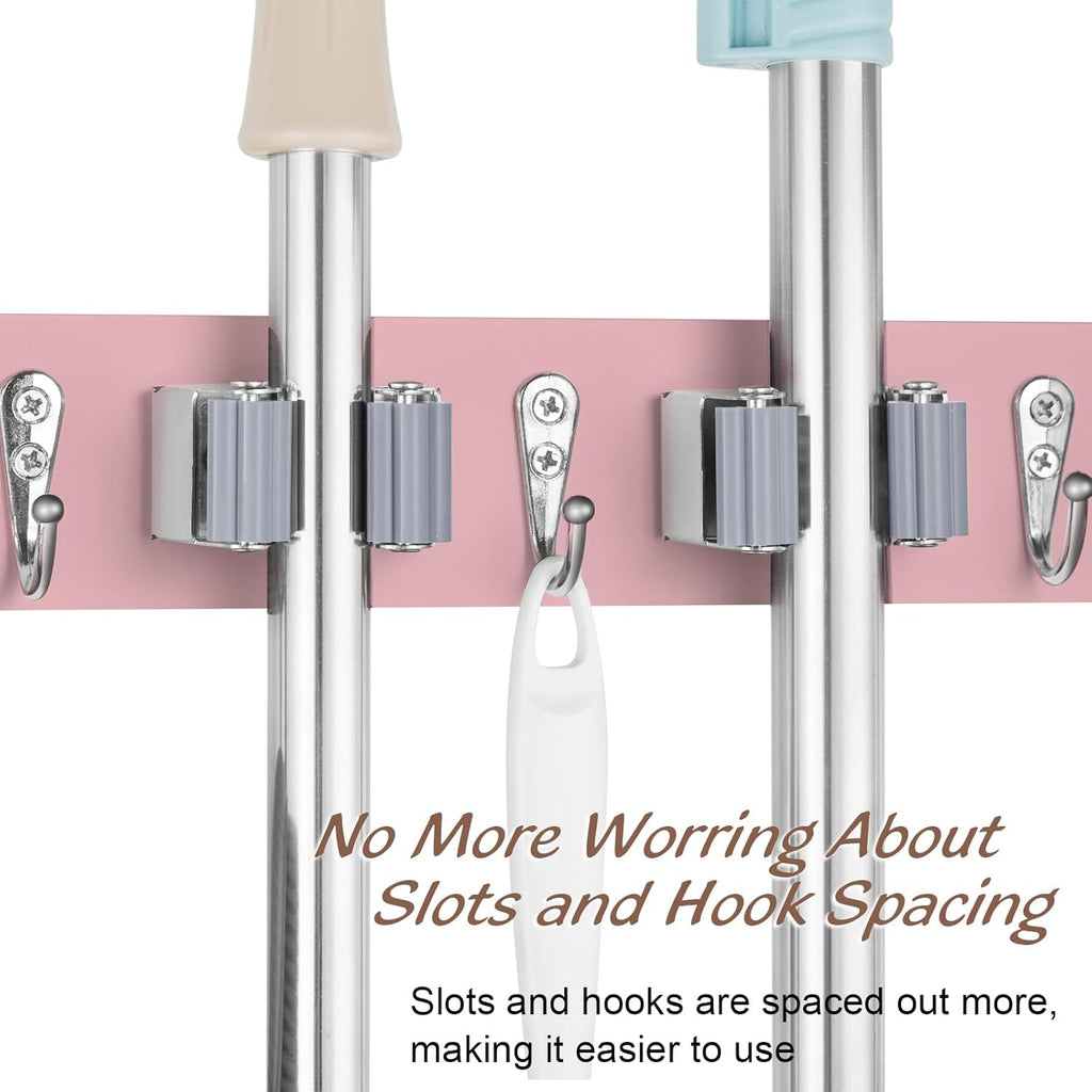 OUTNILI Pink Mop Broom Holder - Wall Mount Organizer with 4 Slots & Hooks for Kitchen & Laundry Room Decor