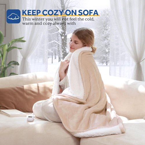 Sealy Electric Blanket Throw Size 50"*60",Super Cozy Flannel to Sherpa Reversible Heated Blanket Throw with 6 Heating Levels & 2-10 Hours Auto Off Overheating Protection Machine Washable,Beige