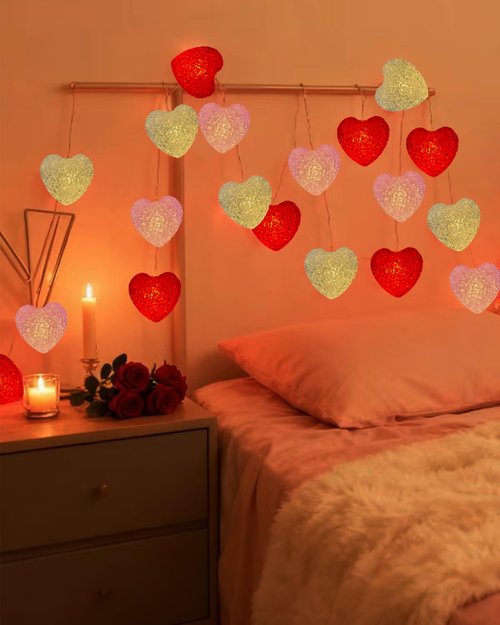 Valentines Decor Lights Battery Operated 6.9FT 10 LED Red Pink White Heart String Lights with Timer, 8 Modes Valentine's Day Light Romantic Heart Fairy Light for Home Bedroom Valentines Wedding Decor