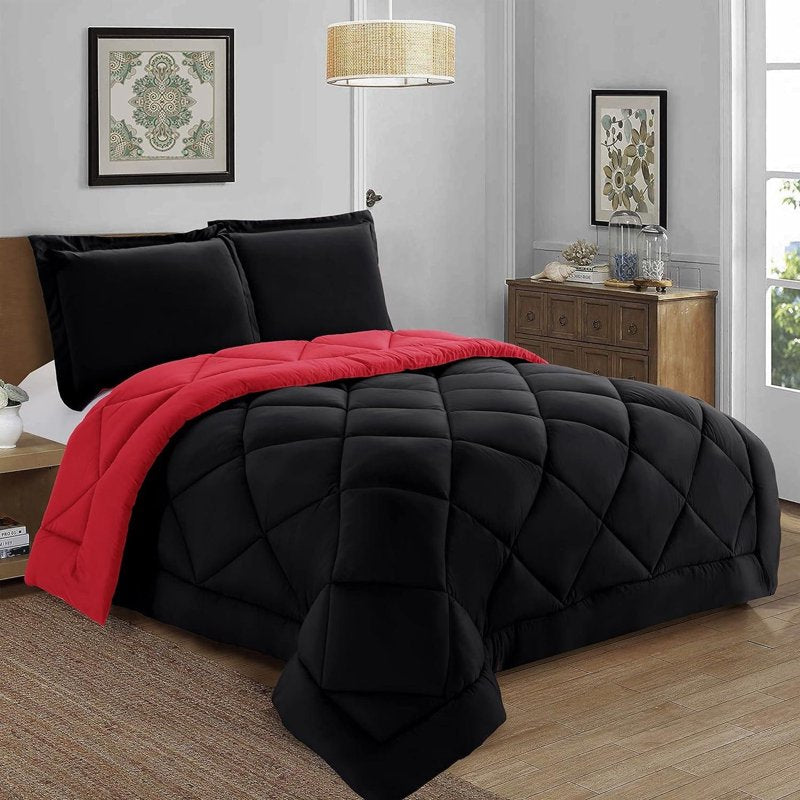 Reversible Down Alternative Comforter Set - King, Microfiber, All-Season Bedding, Black & Burgundy