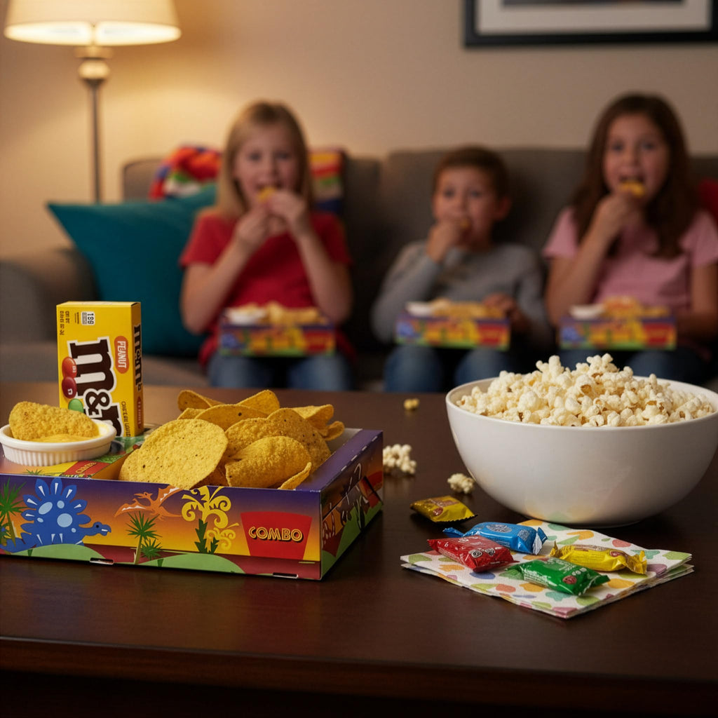 SNAPPY Dinosaur Movie Night Combo Trays, 50 Count, Cardboard Snack Tray with Popcorn, Cup Holder, Candy Section