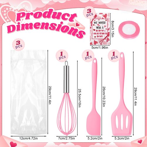 Jingmore 10 Pcs 3 Set Valentine Day Whisk Baking Gifts Pink Kitchen Utensil Gifts Set Silicone Spatula Slotted Spatula Stainless Steel Whisk with Tag Clear Bag for Cook(Pink,Valentine's Day)