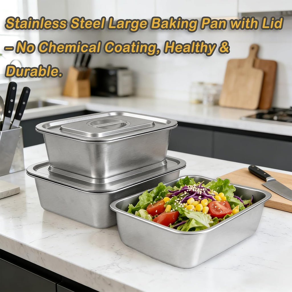 Stainless Steel Baking Pan Set by [Brand Name] - 2-Piece Lasagna & Roasting Pans with Lids | 4-Inch Deep, 7.4 QT + 5.1 QT