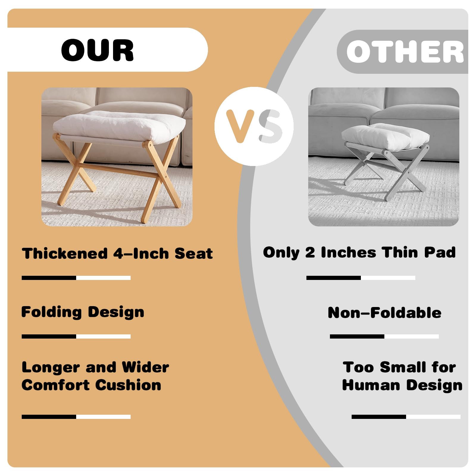 Baveke Ottoman Foot Rest- Bamboo Foldable Stool, Foot Stools Small Ottman with Upholstered & X Legs, Folding Stool for Makeup, Bedroom and Living Room (Large Beige)