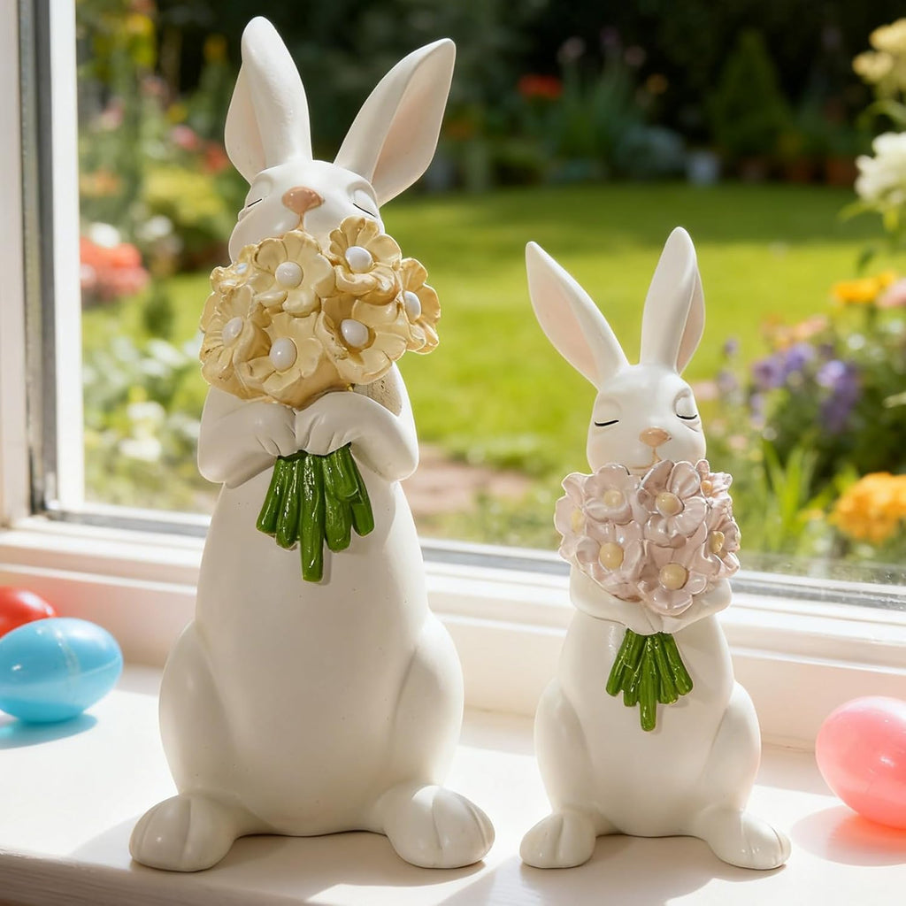 WDS WONDROUS Bunny Figurines Set - Cream White Bunnies with Pastel Flower Bouquets | Cute Spring Home Decor, Set of 2