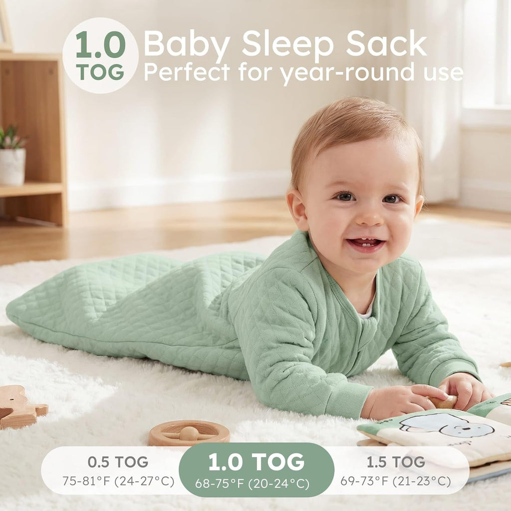 Yoofoss Baby Sleep Sack - Organic Cotton 1.0 Tog Long Sleeve Wearable Blanket | 0-6 Months, 2-Way Zipper