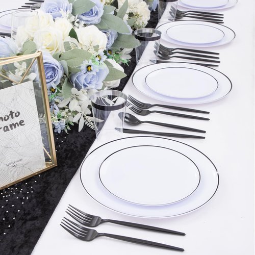 EI 180pcs White Plastic Dinnerware Set Include Black Disposable Silverware,Dinner and Dessert Plates,Cups,White Plastic Plates with Black Rim Perfect for Wedding,Birthday,Partys,Business Events,Hotel