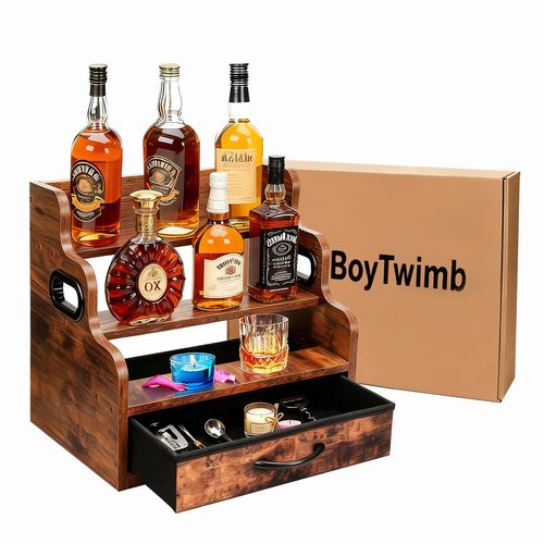 BoyTwimb Liquor Bottle Display Shelf 3 Floors with Drawers Countertop Wine Rack can Accommodate 12 Bottles and 36 K Cups, Minibar Coffee Syrup Storage Box, Whiskey