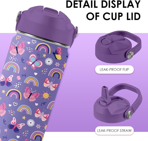 Butterfly Gifts 16oz Purple Kids Water Bottle - Insulated Stainless Steel, Leakproof & BPA-Free Tumbler for School & Travel