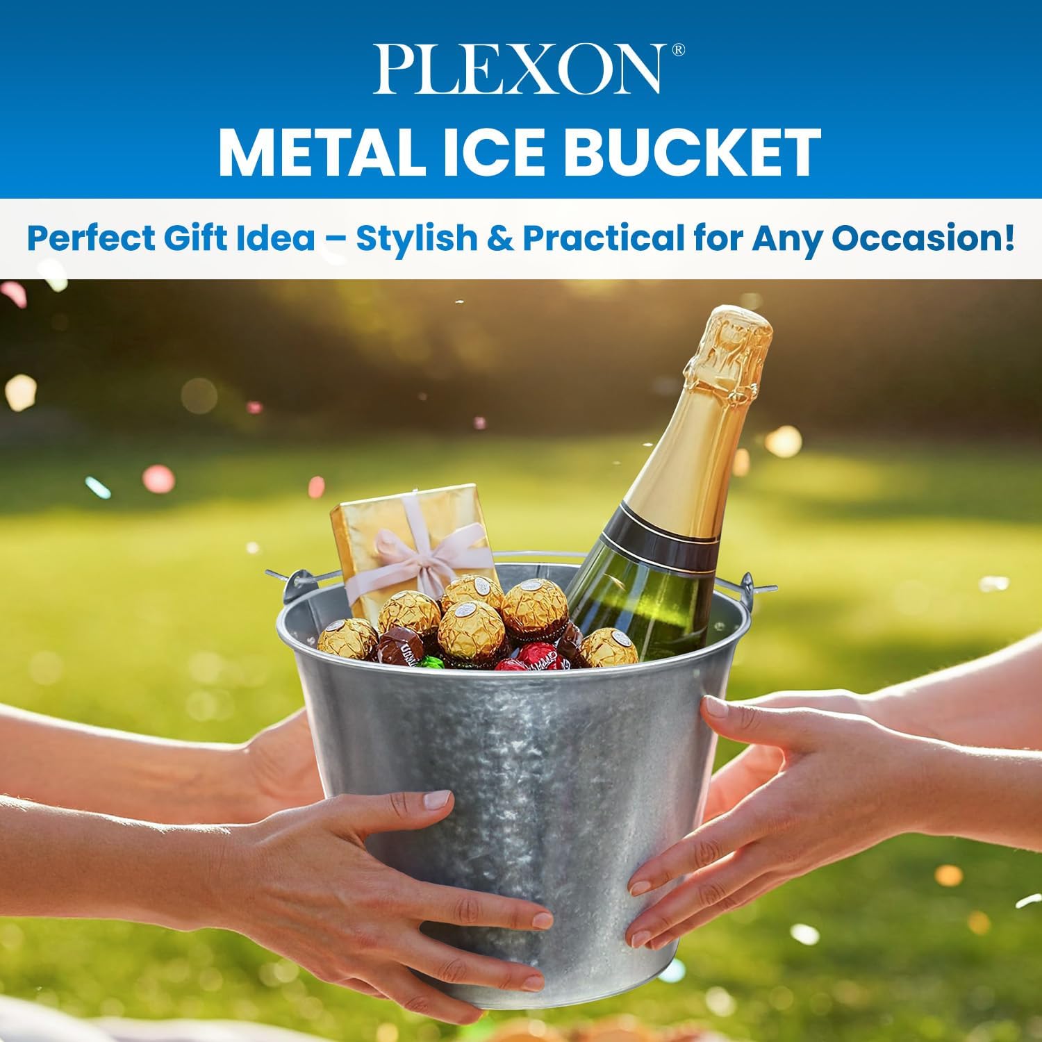 PLEXON Metal Ice Bucket for Parties Coctail Bar Restaurant - Drink Beer Champagne Metal Pail Bucket with Handle, Beverage Chiller, Galvanized Steel, 1.3 Gallon, Set of 3