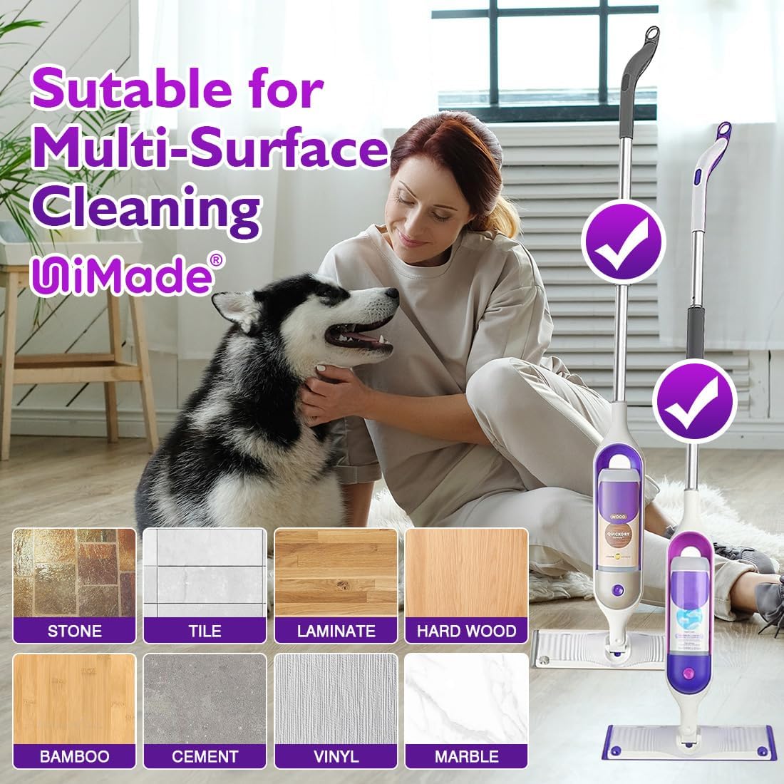 UNIMADE Reusable Mop Pads - 8 Pack Microfiber Refills with Scrubber Strips for 13''-15'' SprayMop | Washable, Pet-Friendly, Multi-Color