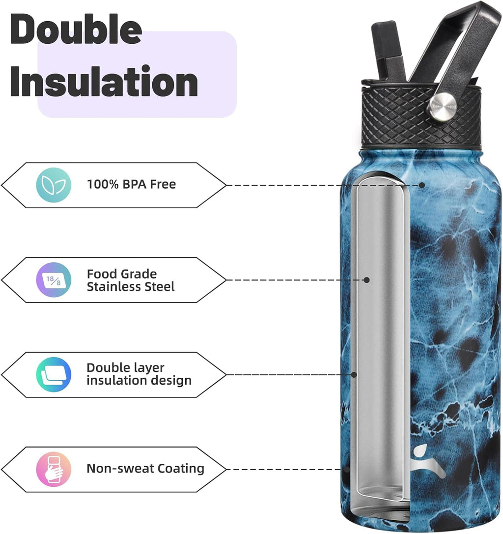 Skiennix 32 oz Insulated Stainless Steel Water Bottle - Marble Ocean Finish with 3 Lids