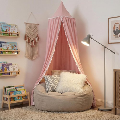 LOAOL Bed Canopy with Pom Pom for Kids Crib Baby Girl Netting Cover Canopy Crib Curtain Reading Nook Hanging Tent Nursery Play Game Castle Room Decoration (Pink)