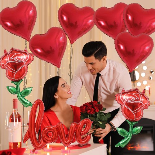 18Inch Red Heart Shaped Balloon 40Inch Red Love Foil Balloon 36Inch Rose Balloons Valentine Balloons Set for Valentine's Day Proposal Wedding Anniversary Special Night Party Romantic Decoration