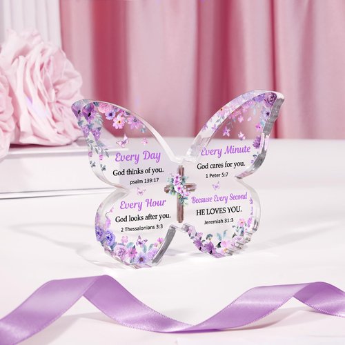 Christian Gifts for Women Faith, Butterfly Acrylic Plaque Sign, Christian Gifts for Women on Mothers Day Birthday, Spiritual Present for Female Friend Family, 5x3.8x0.5 Inch - Purple