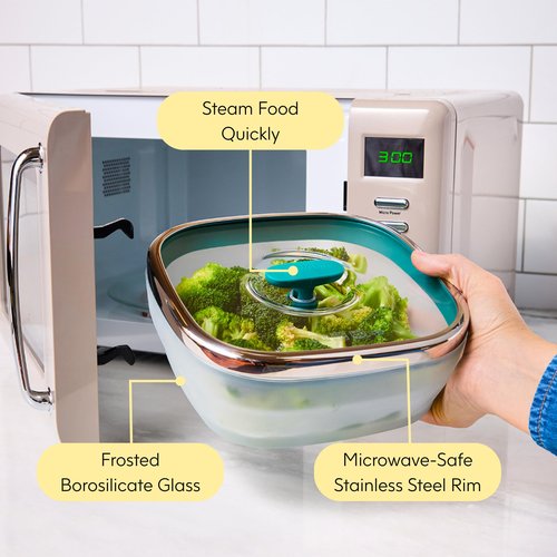 Anyday 5.5-Cup Square Glass Food Storage with Glass Lid | Plastic-Free Meal Prep & Microwave Cookware | Stackable Airtight Storage Container with Vented Lid for Microwave-Safe Reheating