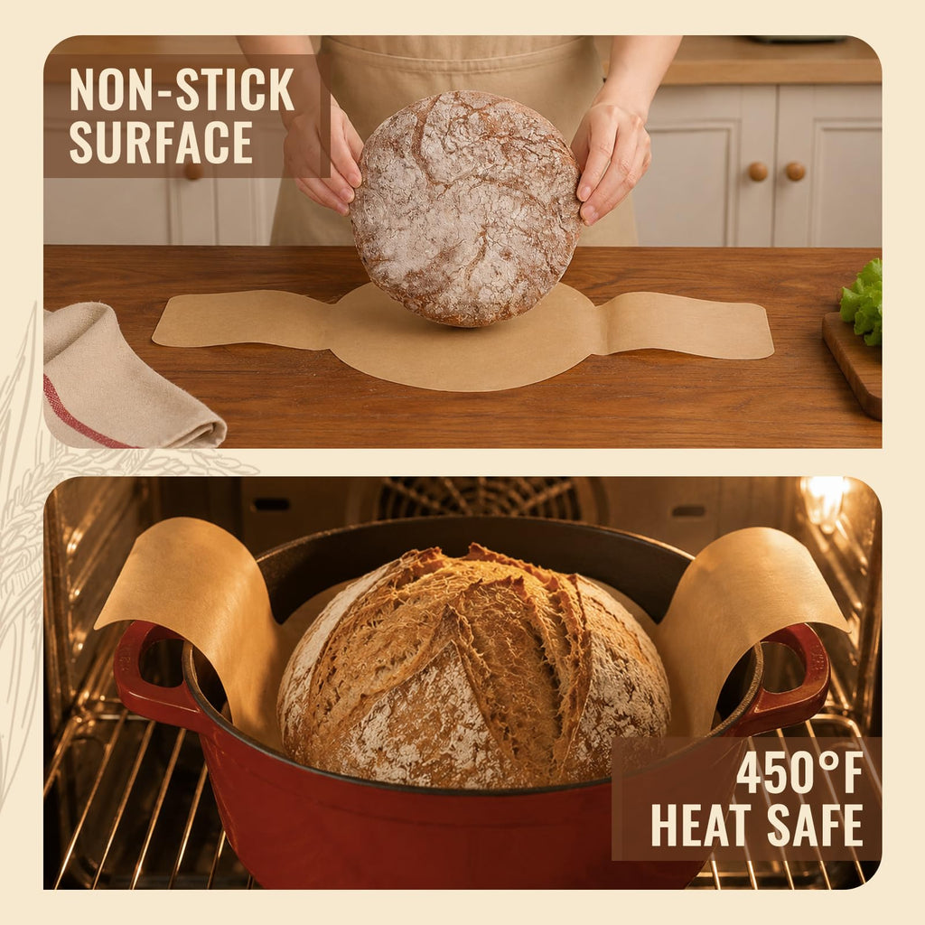 Parchment Bread Sling for Dutch Oven, BlissBoard Disposable Bread Baking Mat with Long Handles, 50 Pcs Unbleached Parchment Paper for Air Fryer, Sourdough Transfer