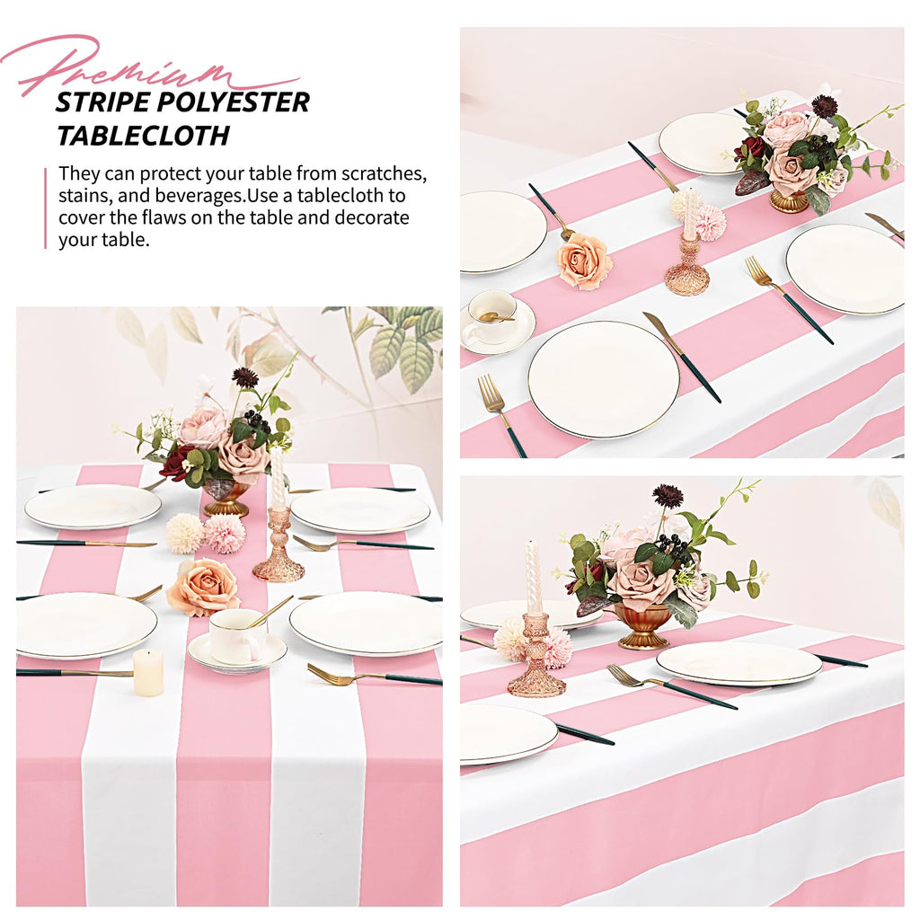 2 Pack Pink and White Striped Tablecloth Rectangle 60x84inch Polyester Fabric Washable Table Cloth for Afternoon Tea Birthday Party Picnic Barbecue Gathering Indoor Outdoor Dining Table Decor