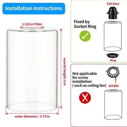 Skelang Clear Lip-less Glass Lamp Shade, Cylindrical Light Cover with Fitter Opening, Replacement for Chandelier, Bathroom Vanity Light, Pendant, Pack of 2