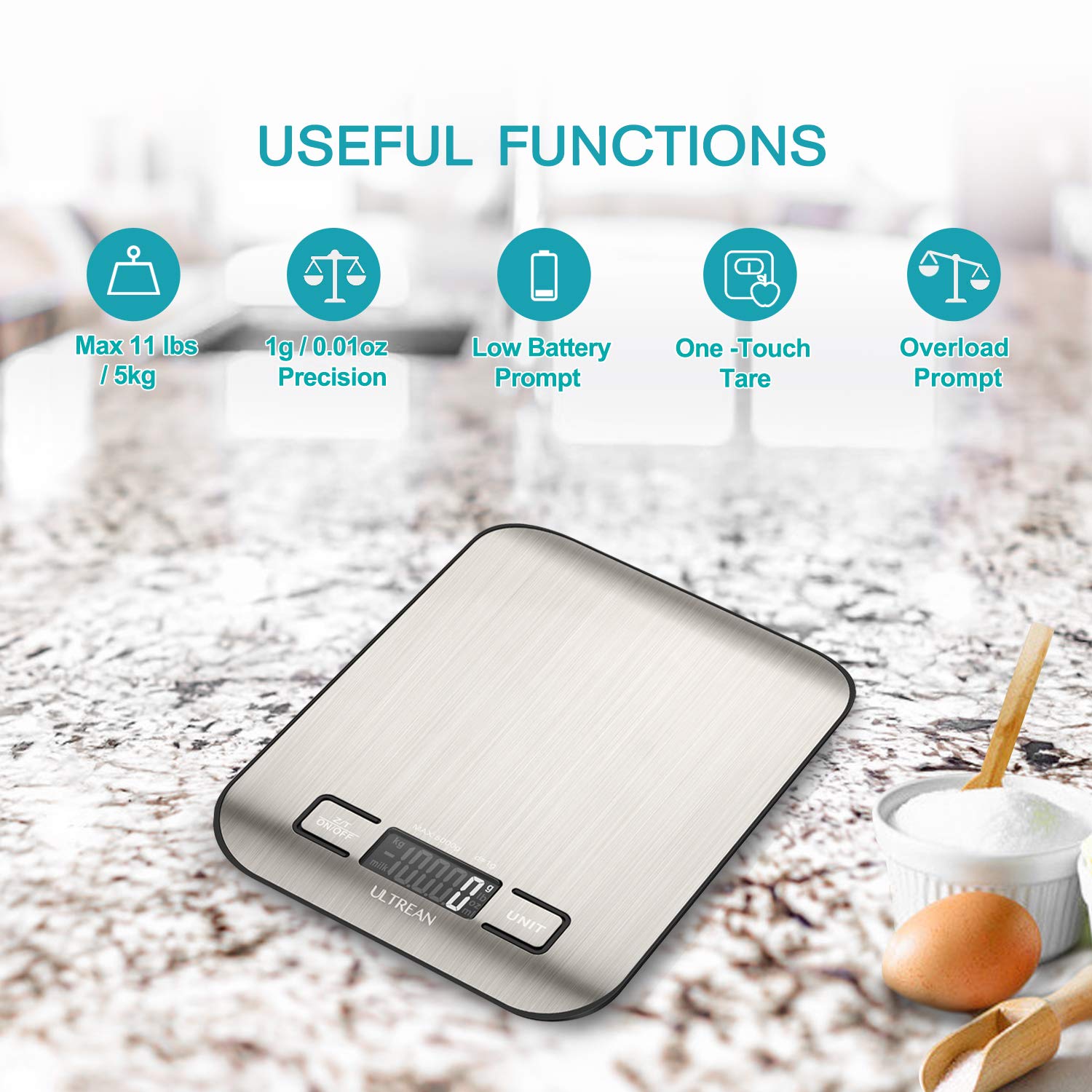 Ultrean Digital Kitchen Scale - Accurate Weight Measurement in Grams & Ounces | 11lb Capacity, Stainless Steel Design