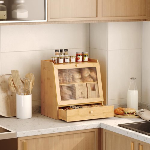 HOOBRO Bread Box, Bamboo Bread Box Storage Container with Drawer, 2-Tier Kitchen Countertop Food Storage Box with Acrylic Door, for Food, Natural YL21MB01