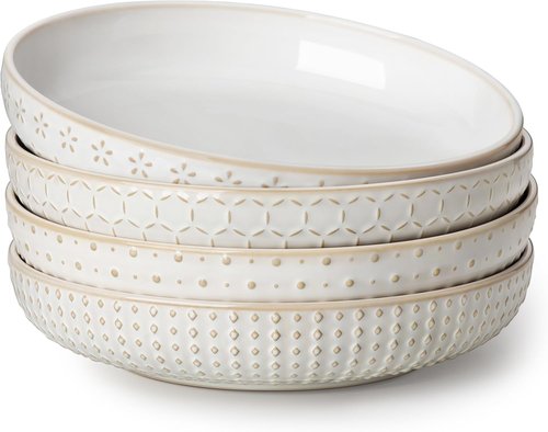 MALACASA Pasta Bowls - 48 Oz Large Ceramic Salad Bowls | Modern Relief Design, Set of 4, Microwave & Dishwasher Safe