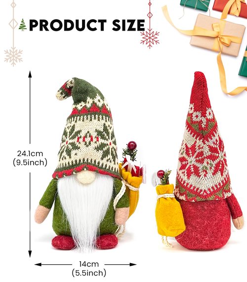 Paersion 2PCS 9.5 Inch Christmas Gnome Plush Decorations, Handmade Scandinavian Tomte Elf Figurines with Gift, Nordic Xmas Gnome Ornaments for Holiday Home Table Office Decor