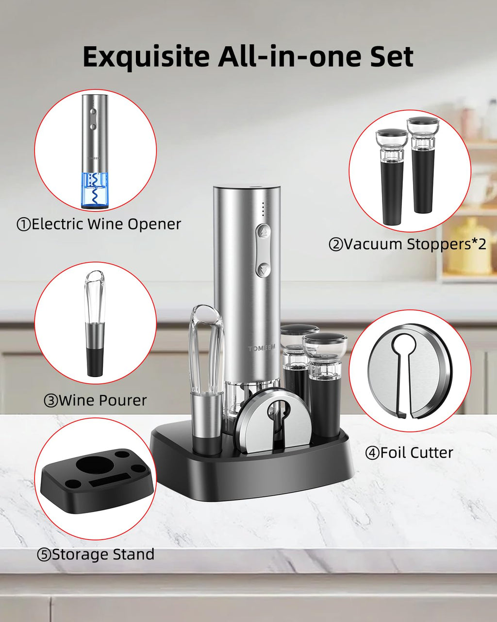 Rechargeable Electric Wine Gift Set - Aerator, Vacuum Stoppers, Foil Cutter and Bottle Opener for Home Bar and Outdoor Parties (Silver, Wine Opener Set)
