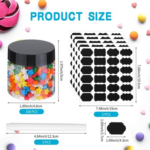 Mimorou 100 Pcs 2 oz Plastic Jars with Lids Wide Mouth Round Clear Containers with Black Label Pen Refillable Airtight Travel Storage Leak Proof Small Jars for Storing Dry Food Spice Cookie Candy