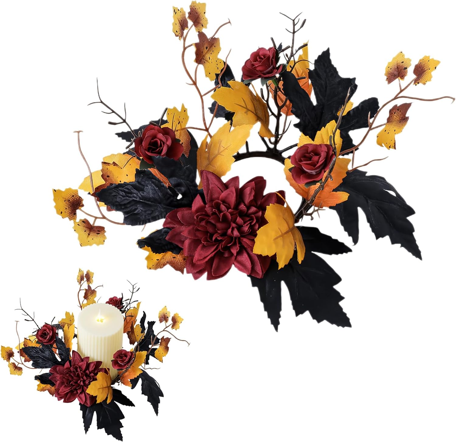 Regine Switzerland Halloween Candle Ring - Red Flowers & Artificial Maple Leaves | Perfect for Table Centerpieces