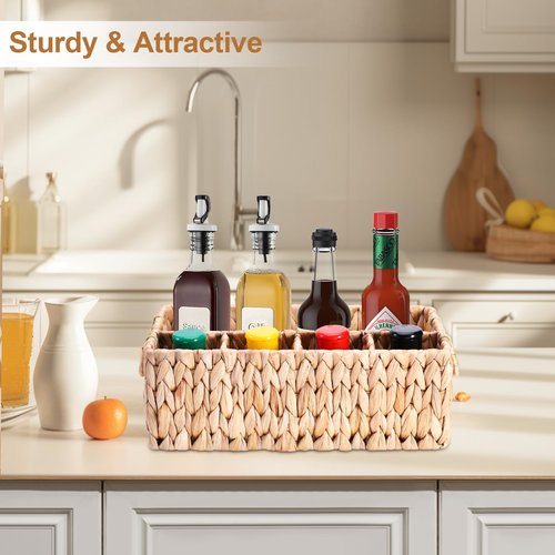 Niuirt Wicker Party Silverware Caddy, Water Hyacinth Plastic Cutlery Utensil Holder, Hand Woven with Handles, Kitchen Countertop and Picnic flatware Organizer (5 compartments)