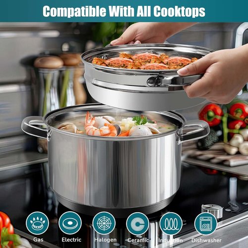 KroWallu 6 QT Stainless Steel Cookware Set, 3-Piece Multipurpose Stock Pot with Steamer Pot and Tempered Glass Lid, Stainless Steel Handle, Work with Gas Electric Induction Stove