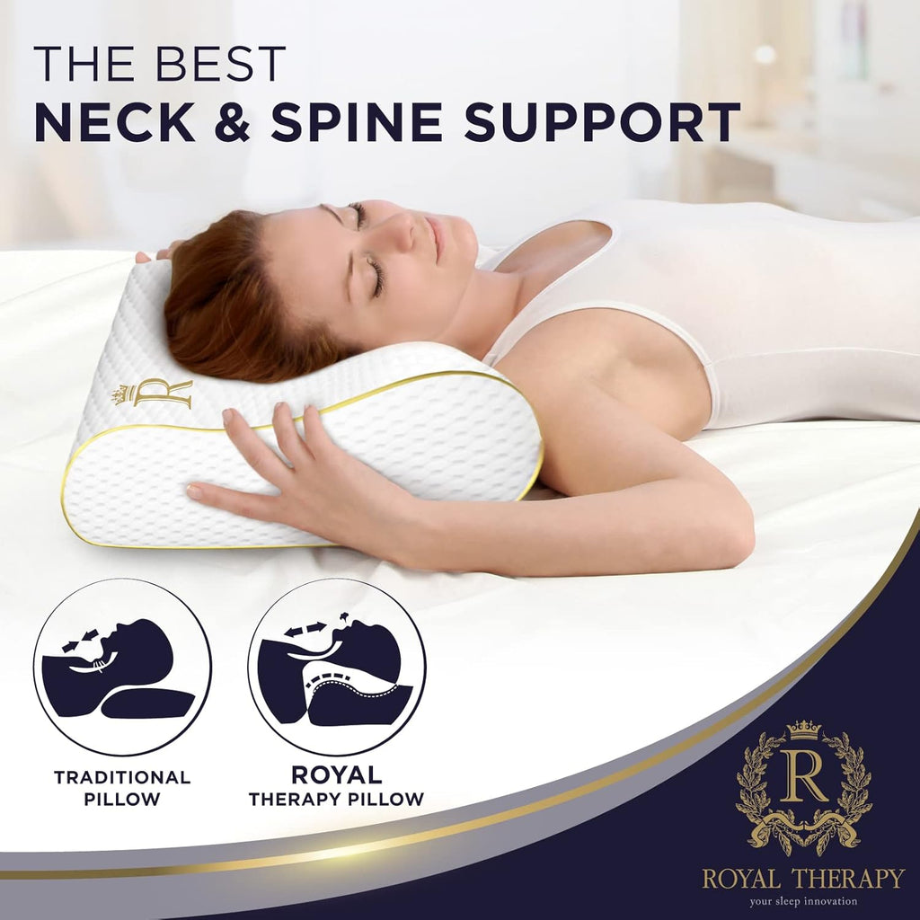 Royal Therapy Memory Foam Pillow - Contour Design for Neck Pain Relief | Queen Size 24x14x5 Inches
