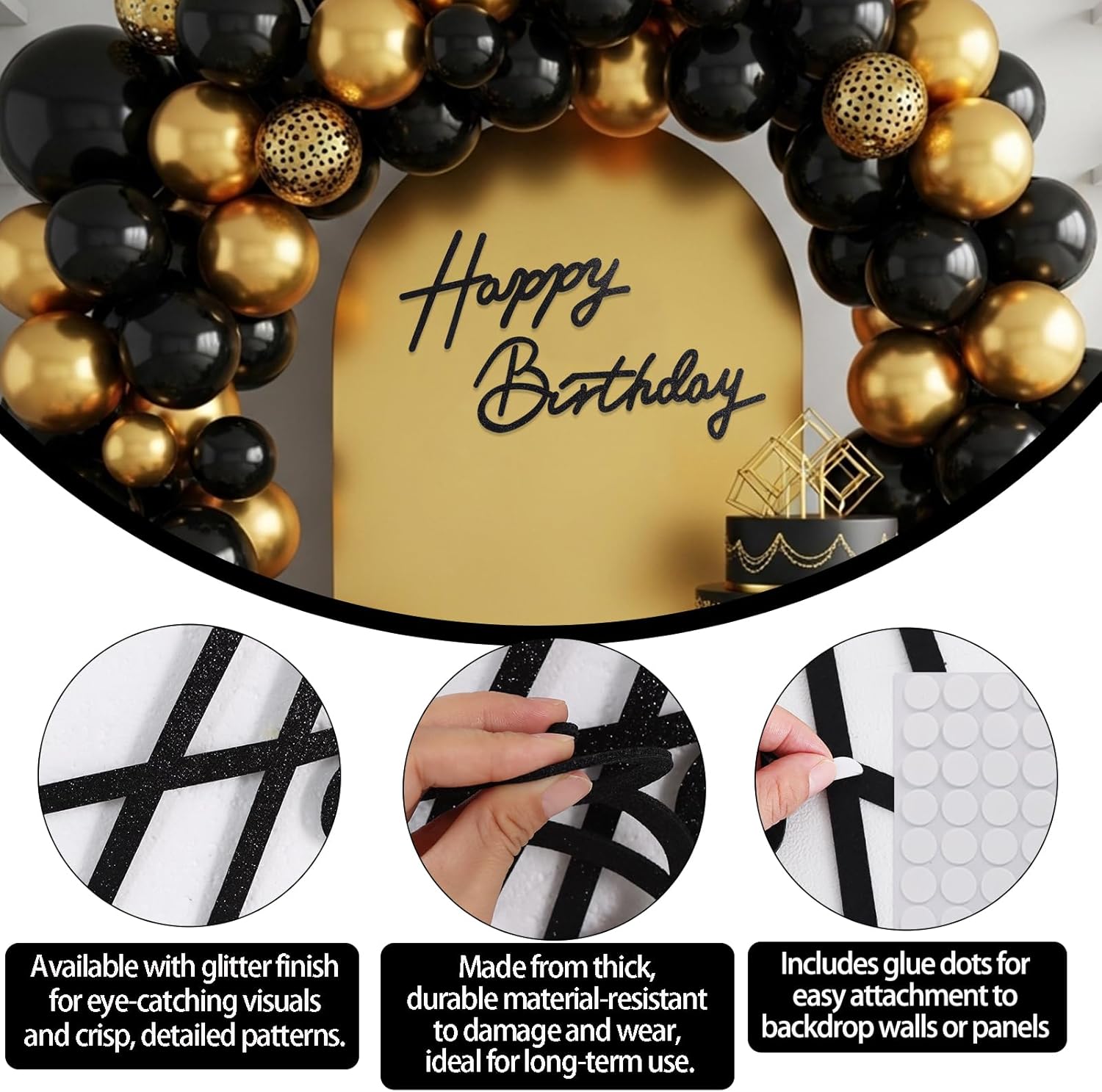 TONIFUL Happy Birthday Sign - Glitter Black Felt Banner for Party Backdrop | Includes Dot Glue