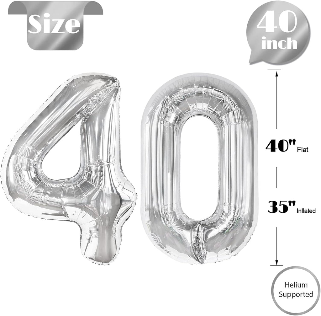 Silver Number 40 Balloon - 40 Inch Giant Foil Decoration for 40th Birthday Party Supplies