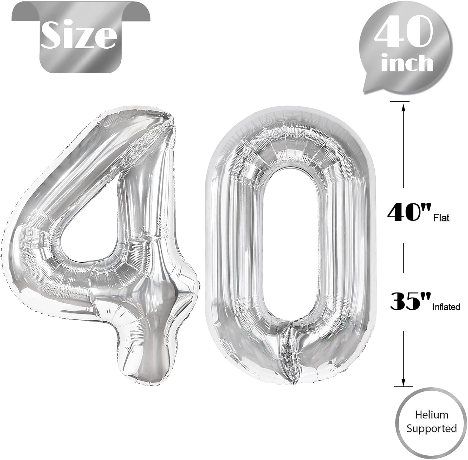 Silver Number 40 Balloon - 40 Inch Giant Foil Decoration for 40th Birthday Party Supplies
