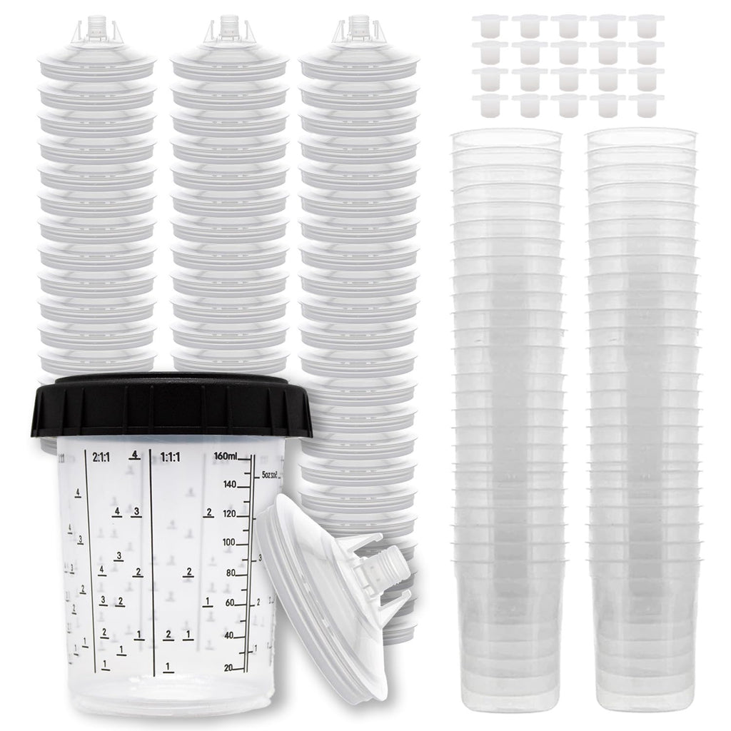Disposable Paint Spray Gun Cup Liners and Lid System, 50 Pack Mini Size 6 Ounce (200ml) Kit - Paint Spray Gun Cups 50 Cup Liners, 50 Lids with Strainer, 1 Hard Cup with Retainer Ring and 20 Plugs