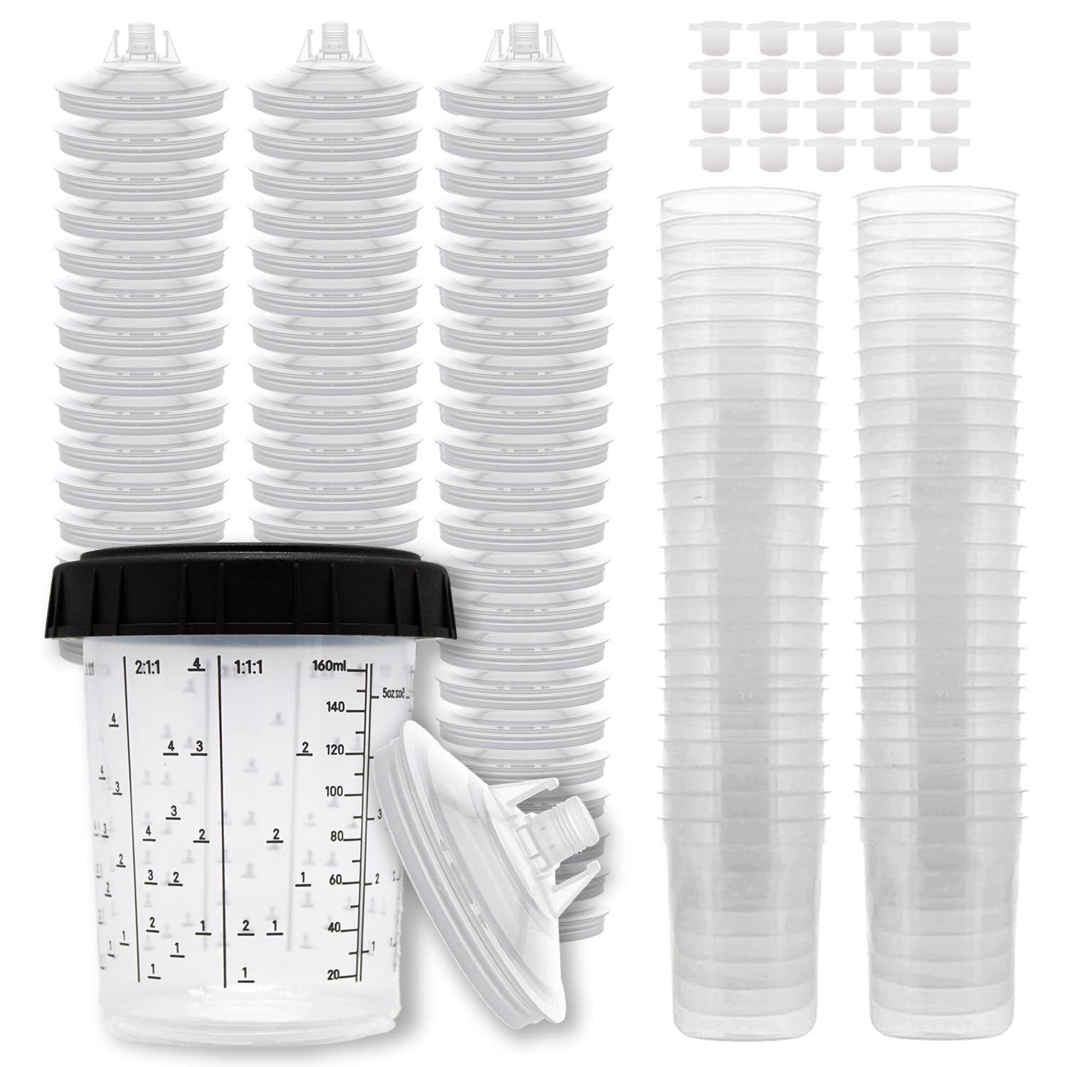 Disposable Paint Spray Gun Cup Liners and Lid System, 50 Pack Mini Size 6 Ounce (200ml) Kit - Paint Spray Gun Cups 50 Cup Liners, 50 Lids with Strainer, 1 Hard Cup with Retainer Ring and 20 Plugs