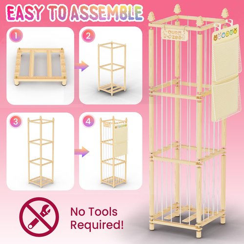 Stuffed Animal Storage with Hanging Bag, Extra Large Pine Wood Stuffed Animal Zoo Organizer Holder, Plushies Toy Storage Tower, Spacesave Toy Organizer Shelf for Toddler&Playroom, Nursery Decor-54 in