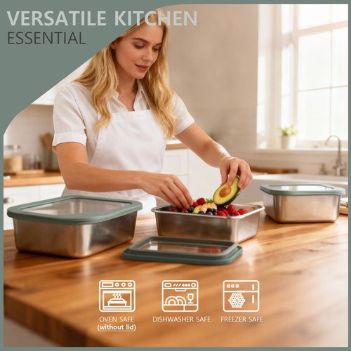 Greentainer Stainless Steel Food Storage Container with Glass Lids, 3 Pack Nested Lunch Boxes, Airtight Lid Food Container for Sandwiches, Snacks, Meal Prep and Kitchen Storage