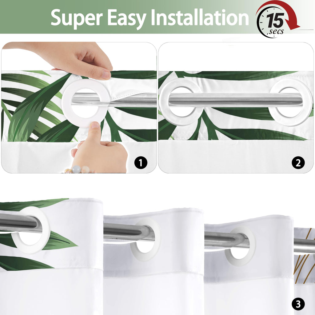 TWLSNCD No Hook Shower Curtain with Snap in Liner, Tropical Leaf Shower Curtains and Liner Set for Bathroom, Monstera Palm Leaves Floral Fabric Bath Curtain, Waterproof Washable, Green 71" x 74"