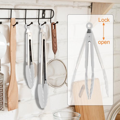 JIDSPWLS Premium Stainless Steel Heat Resistant Kitchen Tongs for cooking,set of 9" and 12" (White),Non Scratch Silicone cooking Tong Tip for Cooking Pans,Strong Grip BBQ tongs for Grabbing Hot Food